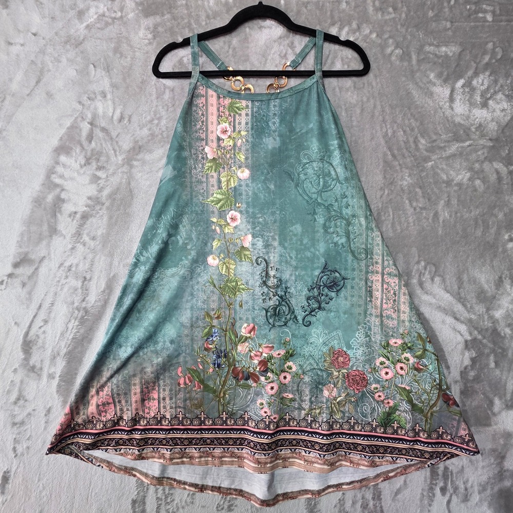 Floral Teal Green Boho Mini Dress Sleeveless Chain Back Pockets 2XL